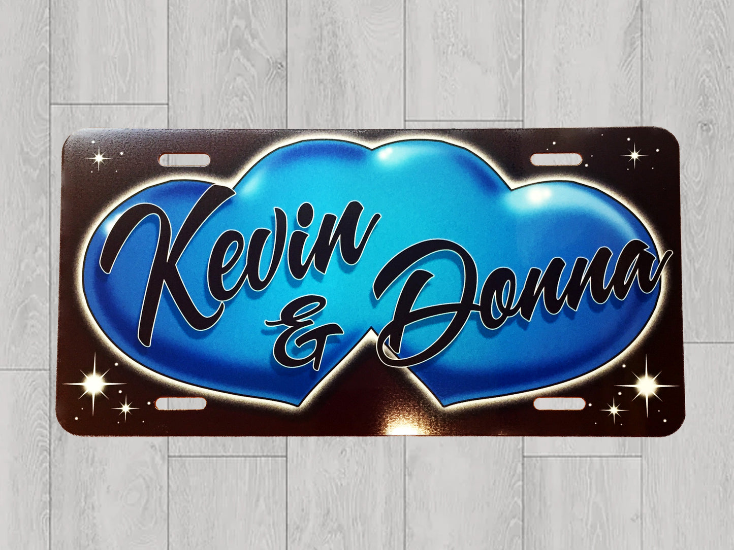 Double Heart Couples Names Blue Front License Plate