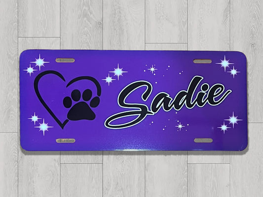 Purple dog print with name License Plate