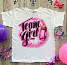Load image into Gallery viewer, Team Girl Shirt with Bottle  Gender Reveal Airbrush T shirt
