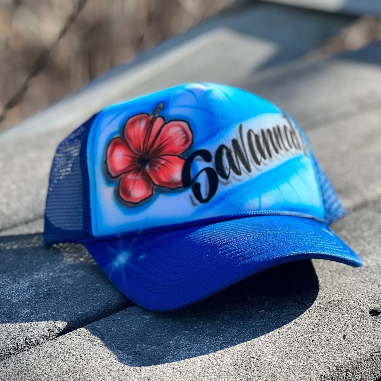 Airbrush Trucker Hat with name and Hibiscus flower - Bluegrass Airbrush