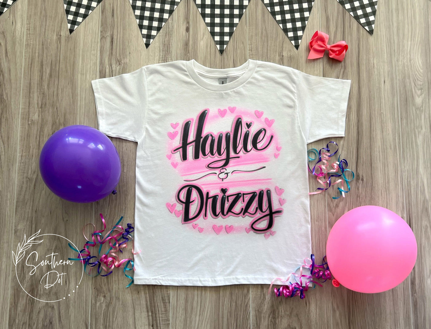 Double Heart Airbrush Couples Shirt Script Name