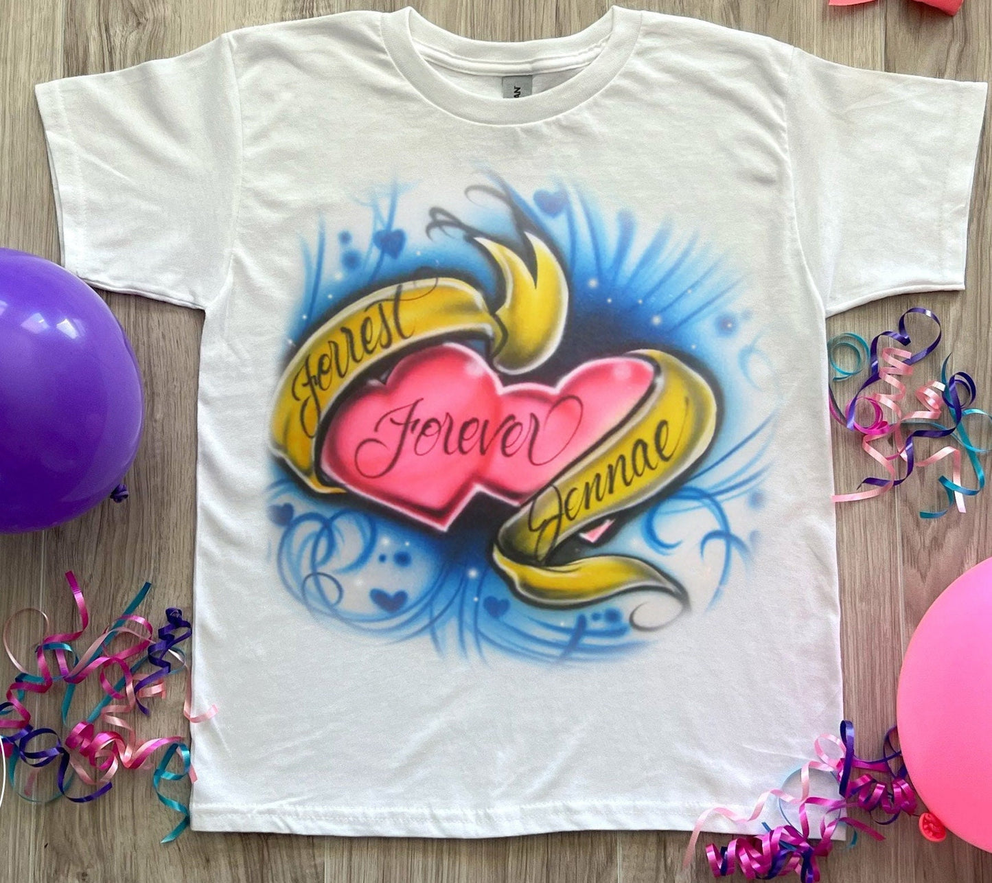 Double Heart Airbrush Couples Shirt Script Name