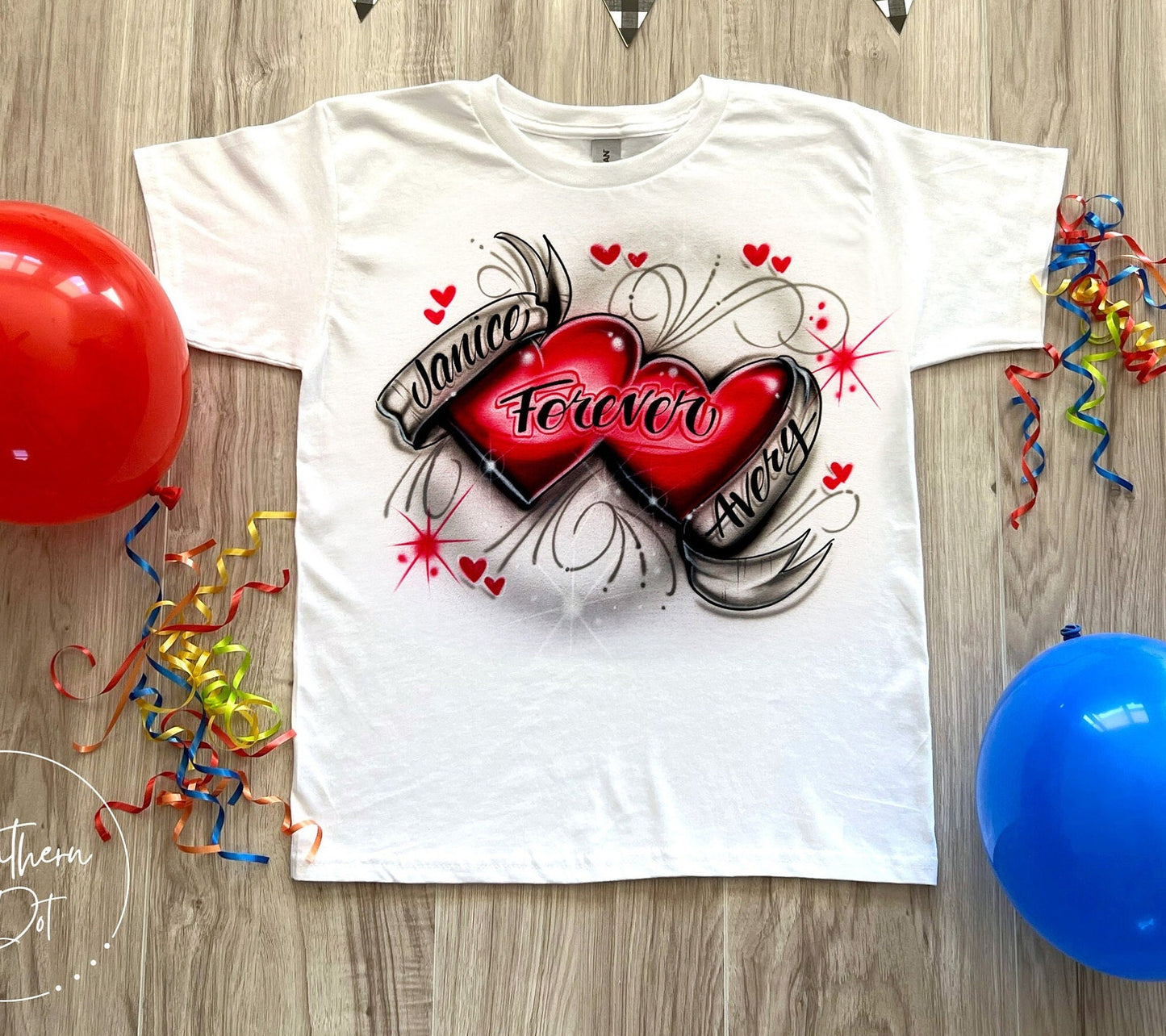 Double Heart Airbrush Couples Shirt Script Name